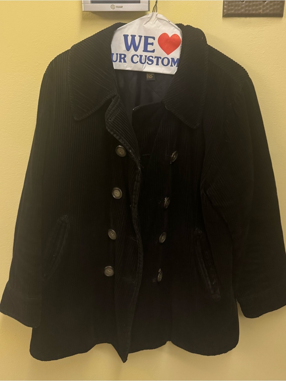 Vintage Free People Women's Black Corduroy Double-Breasted Pea Coat Jacket